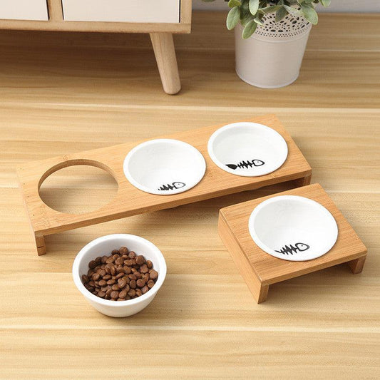 Stylish Bamboo And Ceramic Cat Dog Feeder Bowls - GreenPetGear