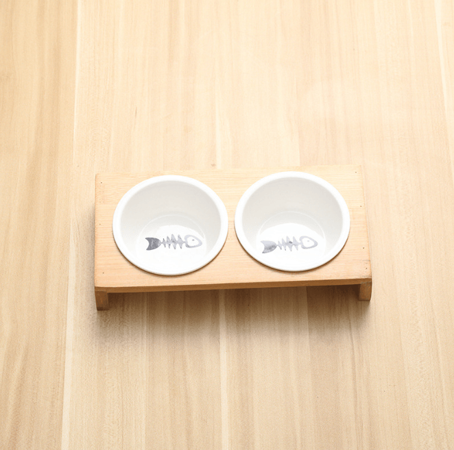 Stylish Bamboo And Ceramic Cat Dog Feeder Bowls - GreenPetGear